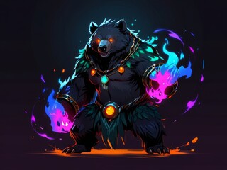 A fierce black bear with glowing eyes is depicted with its paws engulfed in colorful flames
