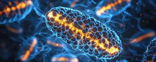 Obraz premium Microscopic view of mitochondria, glowing with vibrant colors on a dark background.