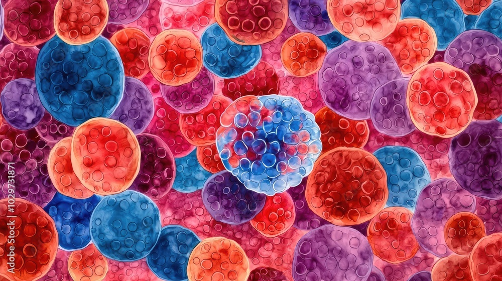 Poster colorful microscopic view of cells and bacteria on abstract background.