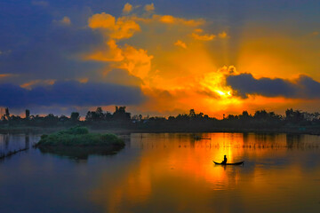 Fototapeta premium Peaceful dawn on flooded fields 