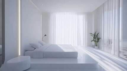 Fototapeta premium Minimalist bedroom with white bed, sleek decor, modern aesthetic