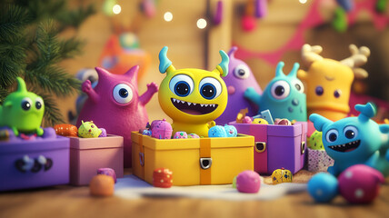 Obraz premium Colorful cartoon monsters playfully unbox toys in a festive setting during a cheerful holiday
