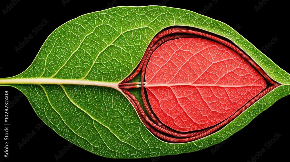 Poster vibrant green leaf with intricate red inner layers on a black background.