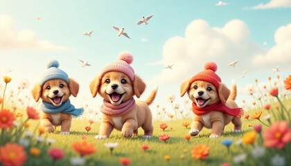 Happy puppies playing in a colorful flower field wearing scarves and hats under a bright sky