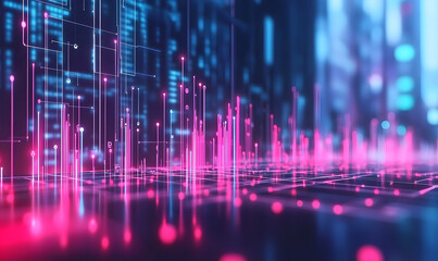 Futuristic financial dashboards and luxury business charts with glowing neon lines, gold accents, and connected nodes for corporate branding.