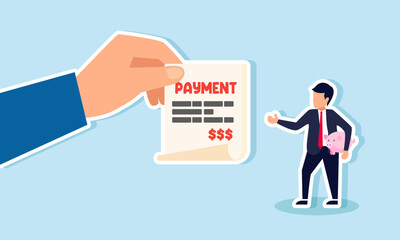 A businessman carrying a piggy bank receives a payment bill, illustration of billing for business expenses and company needs