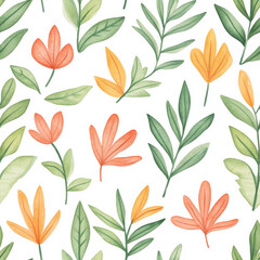 A seamless pattern featuring orange and green flowers on a white background. Ideal for spring or summer designs, textiles, and gift wrapping.