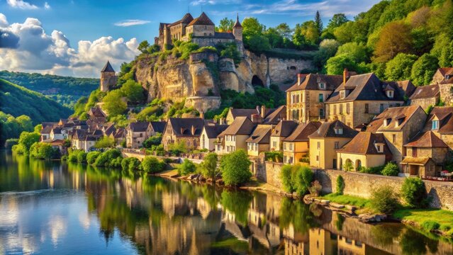 A picturesque medieval village in France with ancient stone buildings and a stunning view of the Dordogne River