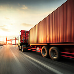 Cargo truck on highway at sunset