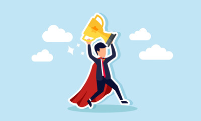 A super businessman carrying a trophy, illustration of a successful entrepreneur with awards and leadership in his business field