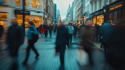 Busy city street bustling with pedestrians during twilight hours in an urban shopping district
