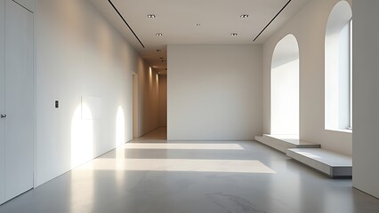 Obraz premium A modern, empty gallery interior with white walls and spotlights on a plain background, concept of an exhibition space. 3D Rendering