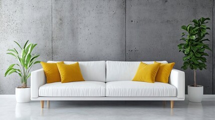 Fototapeta premium Minimalist living room with a concrete wall, white sofa, and vibrant yellow and mustard pillows