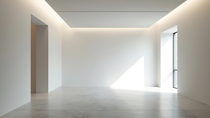 A modern, empty gallery interior with white walls and spotlights on a plain background, concept of an exhibition space. 3D Rendering