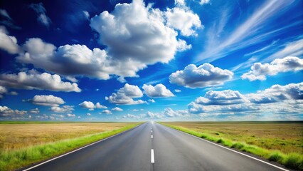 Empty road disappearing into the distance under a vivid blue sky with fluffy clouds, road, sky, clouds, endless, journey
