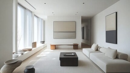 Fototapeta premium Minimalist living room with sleek furniture, neutral colors, and minimalist artwork on the walls