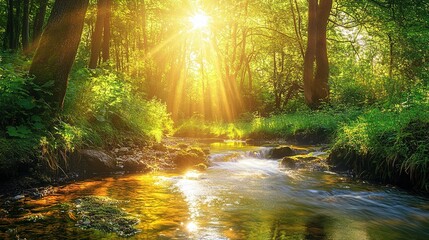 Obraz premium Serene Stream in Sunlit Forest