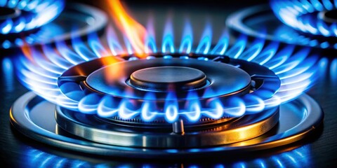 Close-up of a gas stove burner with a blue flame, showcasing intense heat and precision , gas stove, burner, blue flame