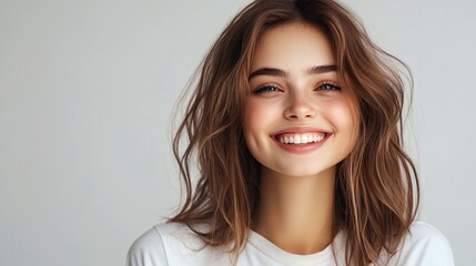 Fototapeta premium A woman with brown hair and a white shirt is smiling. She has a bright, happy expression on her face
