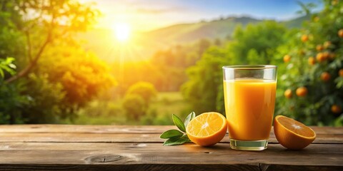 Fototapeta premium Glass of fresh orange juice in sunlight on wooden table with scenic background, orange juice, glass, sunlight