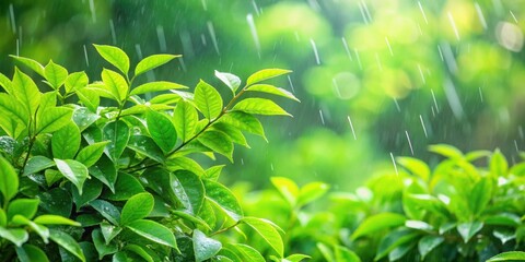 Fototapeta premium Full natural green background of green foliage in a rainy day, greenery, lush, leaves, nature, outdoors, environment, wet, raindrops