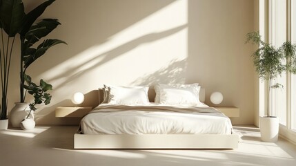 Modern bedroom decor with double bed, minimal style, natural lighting