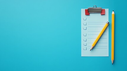 Pencil and paper note on blue background.