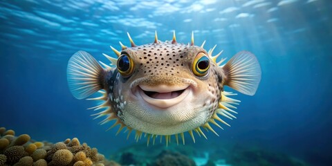 Porcupine fish posing underwater, smiling at camera with big eyes, porcupine fish, underwater, smile, camera
