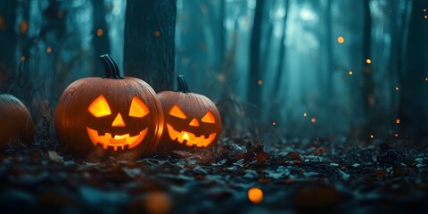 Halloween pumpkins in the forest at night.Halloween background with Evil Pumpkin. Spooky scary dark Night forrest. Holiday event halloween banner background concept