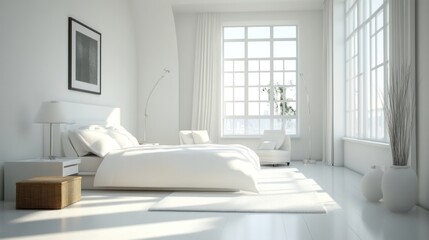 Modern furniture featuring a double bed, minimalist style, bright and airy room