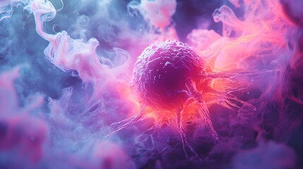 Microscopic view of a bright, abstract stem cell, surrounded by ethereal colorful lights and smoke, high detail, glowing nucleus, futuristic style, digital painting