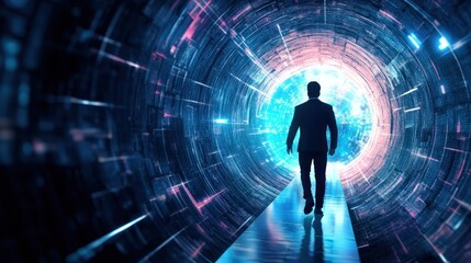 A businessman walks through a futuristic tunnel towards a glowing orb, symbolizing innovation, progress, and a bright future.