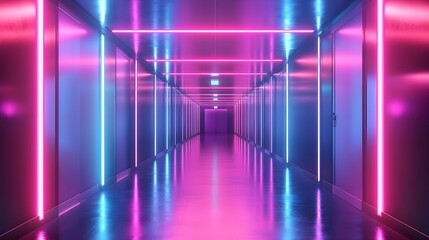 Fototapeta premium Tight shot of a futuristic corridor, vibrant blue and purple neon lights casting reflections on shiny metal panels, sci-fi theme, high contrast, abstract illustration