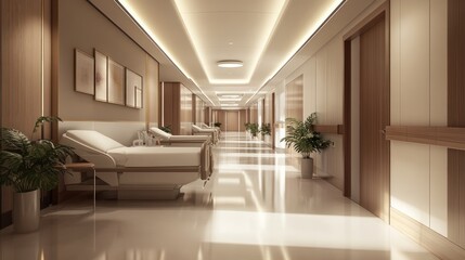 Modern healthcare facility lighting design featuring soft ambient lights in patient rooms and bright lighting in hallways