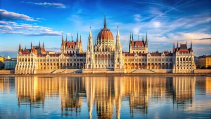 Naklejka premium Stunning view of the Hungarian Parliament Building along the Danube River in Budapest, Budapest