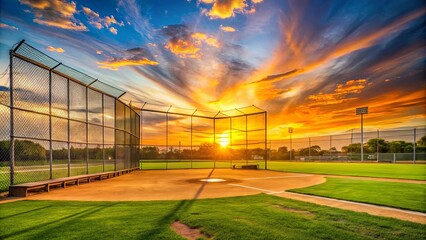 Naklejka premium The Sun Sets on a Baseball Diamond, Casting a Golden Glow on the Field and Its Enclosing Fence