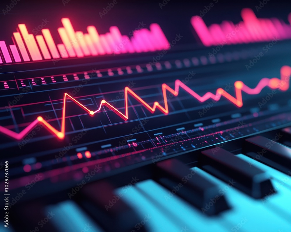 Poster a vibrant digital visualization of sound waves and music data overlaid on a keyboard, illustrating t