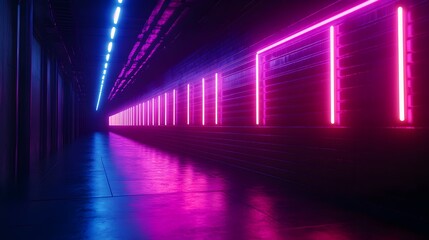 Fototapeta premium Futuristic corridor close-up, purple and blue neon strips lighting up metallic walls, abstract and geometric design, moody atmosphere, vaporwave aesthetics, digital art