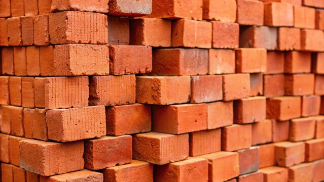 Fototapeta Close-up of a stack of red bricks, construction, building material, close-up, textured, architecture, stack, red