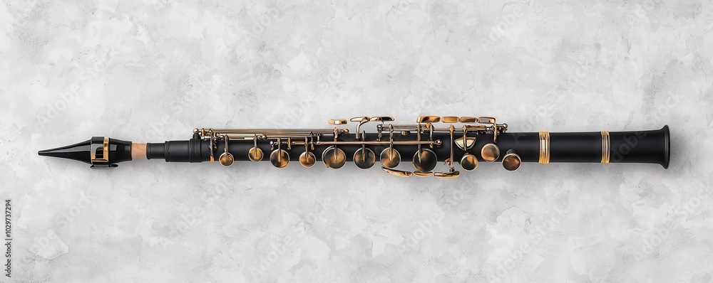 Poster a detailed oboe with intricate keys and a polished finish rests on a textured surface, showcasing it