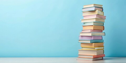 Fototapeta premium Pastel colored books stacked like a tower on a blue background, pastel, colored, books, stack, tower, blue, background