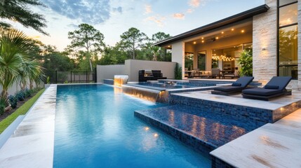 Fototapeta premium Modern home pool design featuring sleek water features, stylish lounge chairs, and vibrant lighting