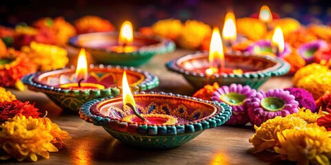Colorful clay diya lamps with flowers for Diwali celebration, Diwali, Hindu, festival, lights, diya, lamps, flowers