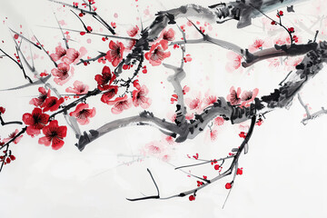 Watercolor and ink illustration of plum blossom tree. Oriental traditional painting. 