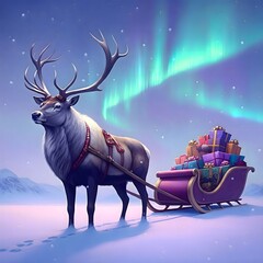 Naklejka premium Majestic reindeer with sleigh full of gifts beneath a vibrant aurora borealis sky