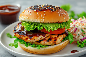 A front view of a grilled chicken sandwich, topped with BBQ sauce, lettuce, and tomato, served with a side of coleslaw