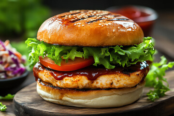 A front view of a grilled chicken sandwich, topped with BBQ sauce, lettuce, and tomato, served with a side of coleslaw