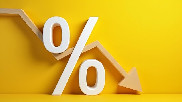 falling white chart arrow with percent icon on yellow background. Falling interest rates and mortgage concept. 3D Rendering.