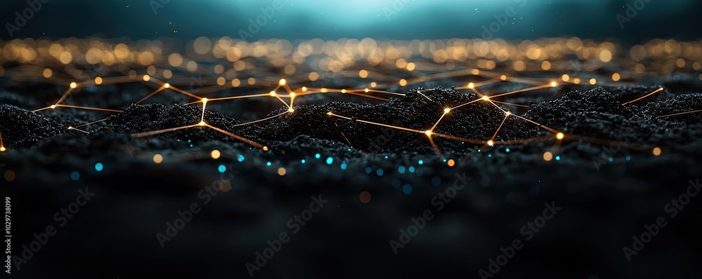 Aufkleber Abstract network with glowing nodes on a dark surface, futuristic digital background.