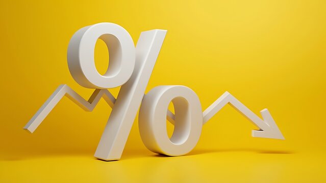 falling white chart arrow with percent icon on yellow background. Falling interest rates and mortgage concept. 3D Rendering.